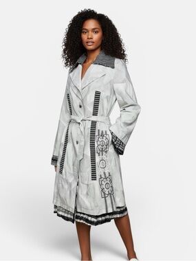 Save The Queen Italy Duster Coat Pleated Hem Gray Jacquard Belted XL (US 10-12)